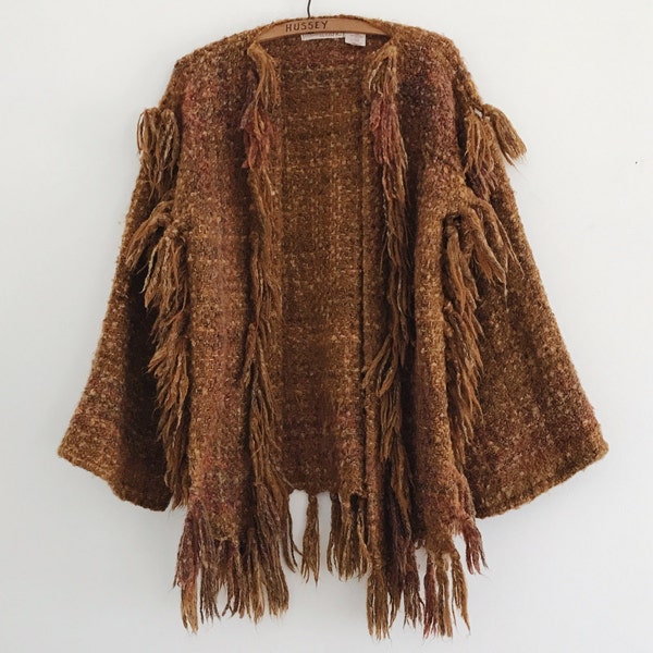 reserved•Vintage Handwoven Cardigan / Hand Loomed Brown Fringe Wrap Jacket / Avant Garde Woven Kimono / Artisinal Textile Art / 70's / 60's