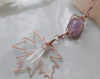 Handmade Copper Sugar Maple Necklace: Quartz Point & Amethyst