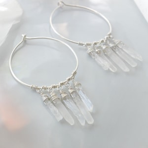 Quartz Crystal Hoop Earrings – Sterling Silver Wire Wrapped Hoops for Boho Goddess, Festival, or Energy Healing