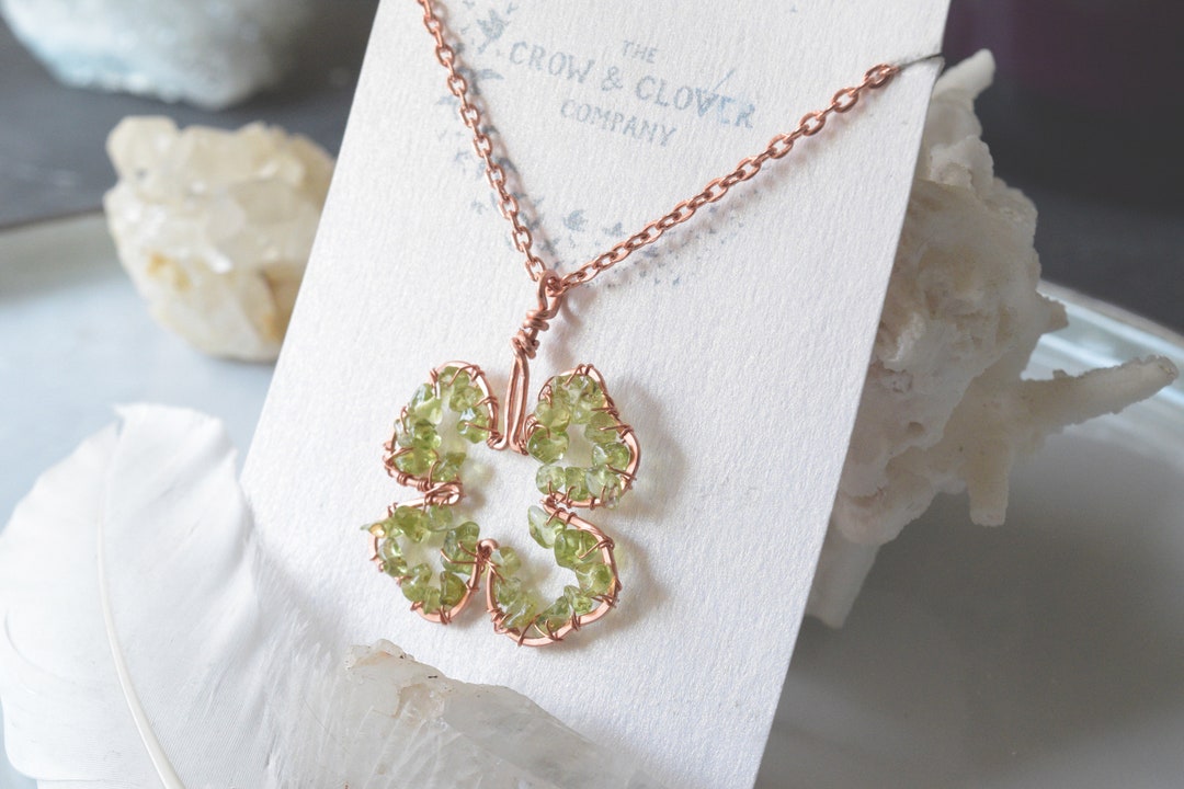 Four-leaf Clover Necklace - Raw Copper and Peridot Pendant for ...
