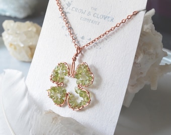 Clover Necklace with green Peridot crystals in copper
