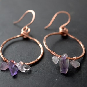 Mystic Trilogy Hoop Earrings – Amethyst Dangle Hoops – Copper or Sterling Silver Handmade Jewelry