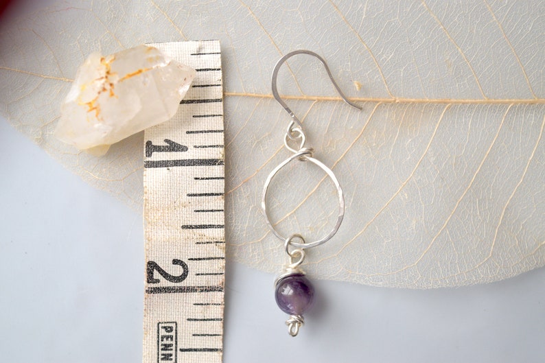 Amethyst Stone Hammered Silver Drop Hoop Earrings Silver Mini Moons