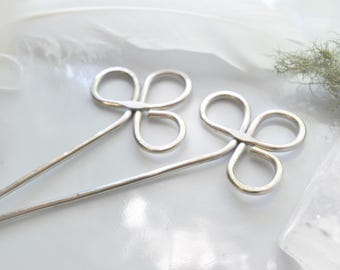 Silver Celtic Clover Hair Sticks | Set of 2 Handcrafted Bun Holders for Long Hair