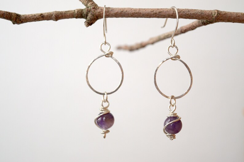 Amethyst Stone Hammered Silver Drop Hoop Earrings Silver Mini Moons