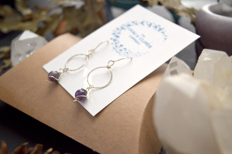 Amethyst Stone Hammered Silver Drop Hoop Earrings Silver Mini Moons