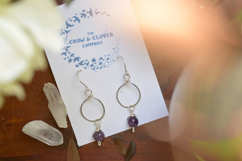 Amethyst Stone Hammered Silver Drop Hoop Earrings Silver Mini Moons