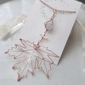 Copper Maple Leaf Necklace with Quartz & Celestite | Nature-Inspired Statement Jewelry | Forest Witch Pendant | Autumn Crystal Gift