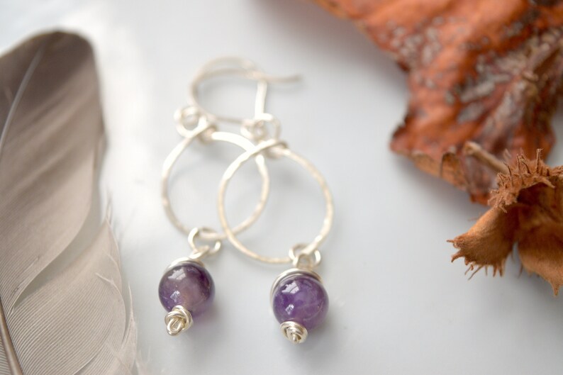 Amethyst Stone Hammered Silver Drop Hoop Earrings Silver Mini Moons