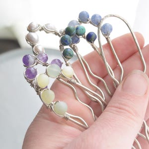 Silver Hair Fork with Crystals – Handmade Boho Hair Stick | Wire Wrapped Crystal Hair Pin | Updo Accessory for Long Hair
