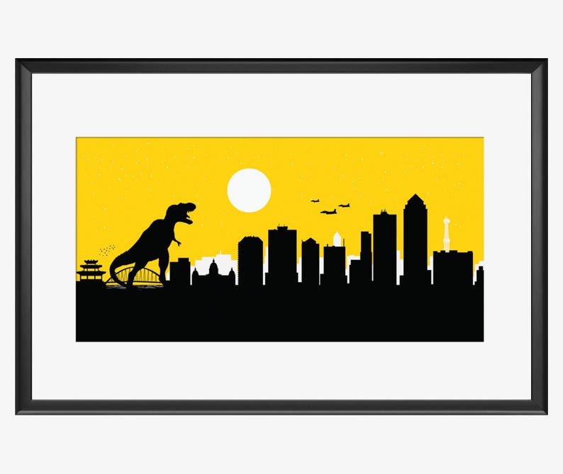 Des Moines Skyline Des Moines print Des Moines art Dinosaur print Des Moines Iowa Des Moines poster Dinosaur art Dinosaur poster