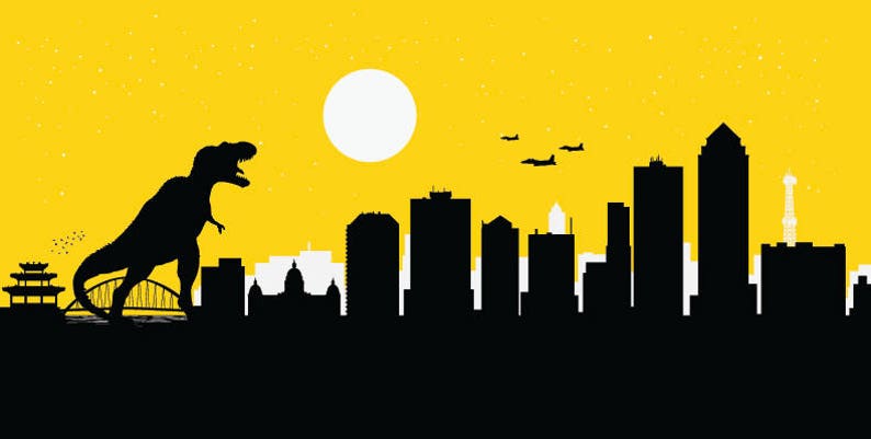 Des Moines Skyline Des Moines print Des Moines art Dinosaur print Des Moines Iowa Des Moines poster Dinosaur art Dinosaur poster