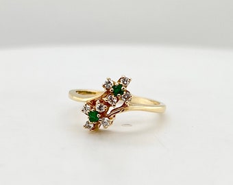 14K Yellow Gold Emerald and Diamond Flower Cluster Ring