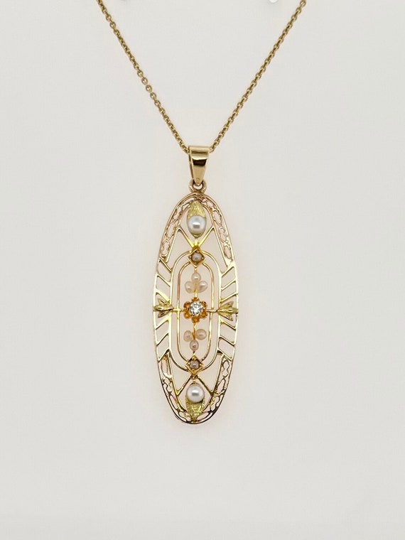 Edwardian 10k Yellow Gold Filigree Pearl and Diamo