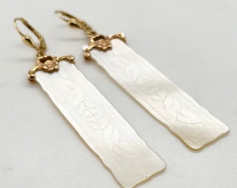 14k Yellow Gold Antique Mother of Pearl Chinese Gaming Counter Earrings