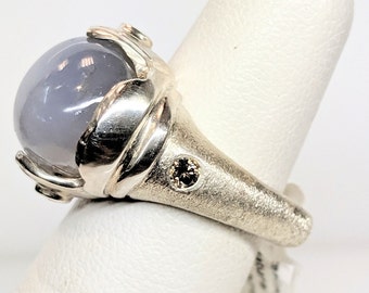 Handcrafted Sterling Silver Natural Star Sapphire and Diamond Ring