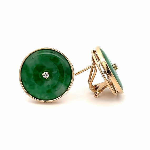 14K Yellow Gold Jade & Diamond Omega Back Earrings - image 1