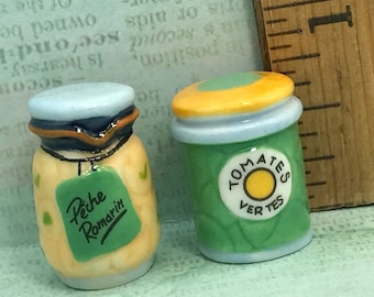 Tiny JAM & JELLY Rosemary Peach, Green Tomatoes Food Jars Jams Preserves Kitchen French Feve Feves Porcelain Dollhouse Miniatures S69