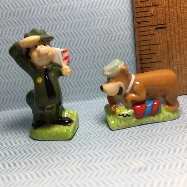Tiny YOGI BEAR & Ranger Rick Firecracker and Flag cartoon Hanna-Barbera  2 pcs - French Feve Feves Porcelain Figurines Miniatures S110