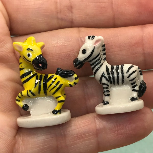 French Feves - ZEBRA COUPLE Yellow White Zoo Colorful Zebras Safari Animals Pair - Tiny Porcelain Feve Figurine Dollhouse Miniatures WW42