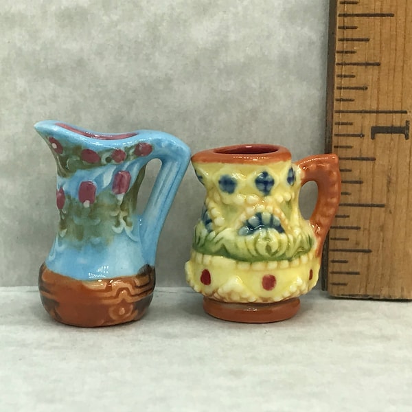 Tiny Majolica PITCHERS Barbotine Floral Jug Jugs Pitcher Vase Vases- French Feve Feves Dollhouse Miniatures YY100