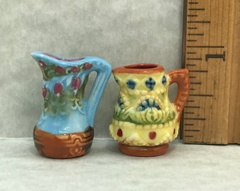 Tiny Majolica PITCHERS Barbotine Floral Jug Jugs Pitcher Vase Vases- French Feve Feves Dollhouse Miniatures YY100