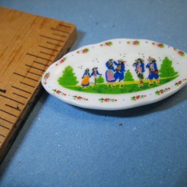 Quimper Mini Plate Platter china style from Brittany France with Dancing Villagers- French Feve Feves Figurines Dollhouse Miniatures V21