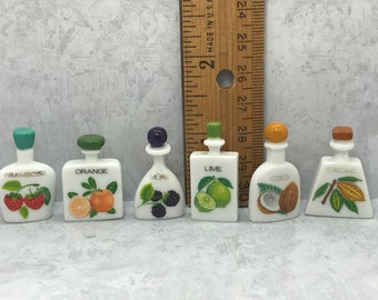 Tiny FLAVORING BOTTLES Liqueur Liquor Stawberry Orange Coconut Lime Blackberry Cocoa  French Feve Feves Figurine Dollhouse Miniatures SS64