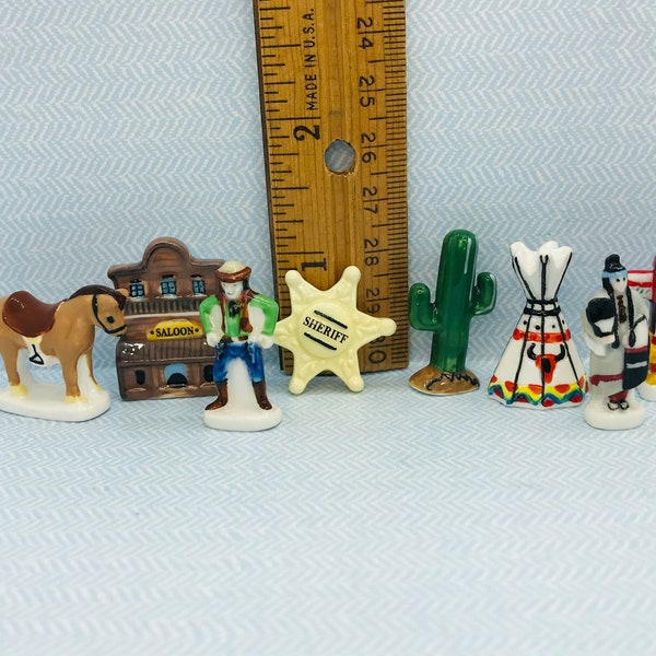 WILD WEST Cowboys & Indians American Southwest Sheriff Chief Horse Cowboy Porcelain  - French Feve Feves Figurines Dollhouse Miniatures 0051