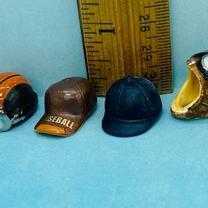 Tiny Vintage Hats and Helmets Motorcycle Baseball Equestrian Riding  & Auto Racing Sports Decor- French Feve Feves Dollhouse Miniatures N142