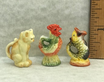 Tiny Majolica PITCHERS Cat Rooster Gurgle Fish Barbotine Pitcher Vase Kitten Chicken Vases- French Feve Feves Dollhouse Miniatures YY100