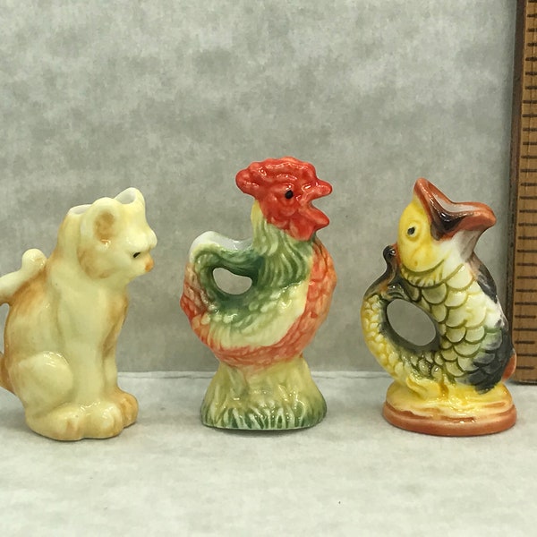 Tiny Majolica PITCHERS Cat Rooster Gurgle Fish Barbotine Pitcher Vase Kitten Chicken Vases- French Feve Feves Dollhouse Miniatures YY100