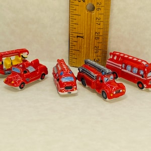 Tiny FIRE TRUCKS Pumper Ladder Engine Tanker Hose Cars Vintage Style - French Feve Feves Porcelain Figurines Dollhouse Miniatures  Z61