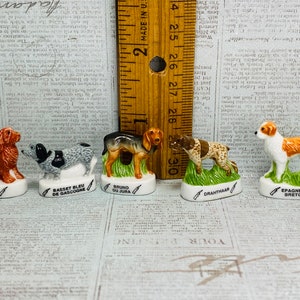 May include: Five miniature ceramic dog figurines, each depicting a different breed. The figurines are painted in realistic colors and feature detailed features. The bases of the figurines are white and feature the name of the breed in black text. The breeds are Sussex Spaniel, Basset Bleu de Gascogne, Bruno du Jura, Drahthaar, and Epagneul Breton.