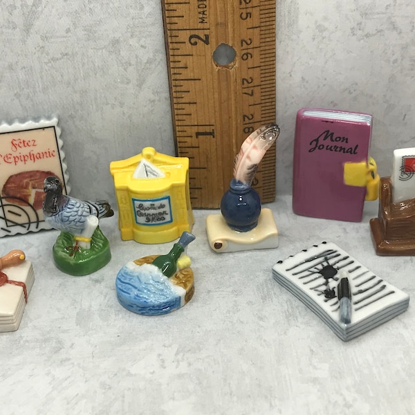 Correspondence & Letter Writing Journal Stamp Mailbox Message in a bottle Quill - French Feve Feves Figurines Dollhouse Miniatures AB90