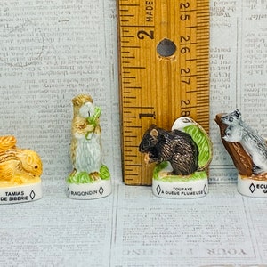 Puede incluir: Cuatro figuritas en miniatura de diferentes animales, cada una sobre una pequeña base con una etiqueta de nombre. Las figuritas están pintadas en colores realistas y representan una ardilla, una ardilla listada, un tupaya y un mapache. Las etiquetas de nombre dicen "Ecureuil Gris", "Tamia de Siberie", "Toupaye a Queue Plumeuse" y "Ragondin".