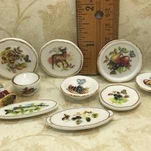 AUTUMN TABLE Fall Harvest Dishes Plate Platter Berries Pinecone Leaves Wine Bowl Tray - French Feve Feves Figurines Dollhouse Miniature U43