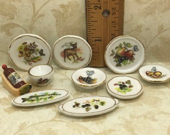 AUTUMN TABLE Fall Harvest Dishes Plate Platter Berries Pinecone Leaves Wine Bowl Tray - French Feve Feves Figurines Dollhouse Miniature U43