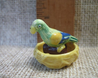 BIRD  in a NEST Parrot Tropical Parakeet Miniature 2pcs Tiny Porcelain French Feve Feves Figurines Dollhouse Miniatures F51