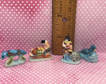 ESKIMO Dog Sled & Husky Inuit Igloo Walrus Icefishing ALASKA American - French Feve Feves Porcelain Figurines Dollhouse Miniatures Mini Y49