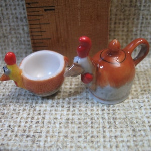 CHICKEN Animal Rooster Cup & Teapot Set Hen Chick French Feve Feves Figurines Miniature C45 image 2