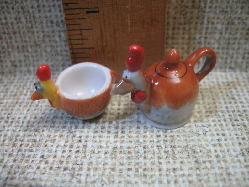 CHICKEN Animal Rooster Cup & Teapot Set Hen Chick French Feve Feves Figurines Miniature C45 image 2