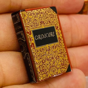 Puede incluir: Un libro en miniatura titulado Grimoire con lomo negro y una portada que presenta un patrón floral dorado ornamentado sobre un fondo rojo. El libro tiene una etiqueta rectangular negra en el centro con la palabra Grimoire impresa en blanco.