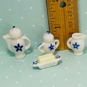 Vintage Tiny Teapot Sugar Bowl  Butter Dish Creamer 4 pc Tea set Coffeepot White Blue Wedding China  French Feves Dollhouse Miniature E162b