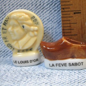 Traditional Shoe, Coin & Four Leaf Clover Shamrock Clog Wooden Money Gold Piece - French Feve Feves Good Luck Charms Miniatures Q40 image 1