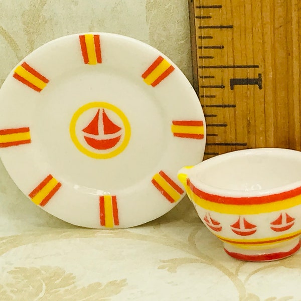 Tiny SAILBOAT Plate & Bowl Red Yellow Nursery Infant Child's dishes - French Feve Feves Porcelain Dollhouse Miniatures M131