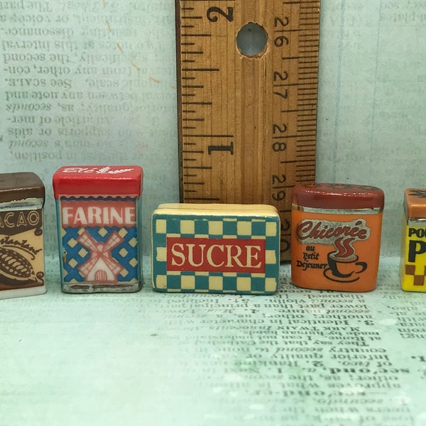 Tiny Vintage Style Food Packages Kitchen Cocoa Flour Sugar Chickory Coffee Bouillon French Feves Porcelain Figurine Dollhouse Miniatures P78