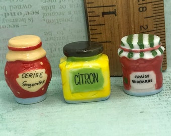 Tiny JAM & JELLY Cherry, Lemon, Strawberry Rhubarb Food Jars Jams Preserves Kitchen French Feve Feves Porcelain Dollhouse Miniatures S69