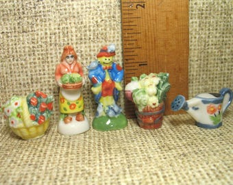 GARDENING French Feves;  Vegetable Flower Basket, Watering Can, Scarecrow, Gardener  - Feve Porcelain Figurine Dollhouse Miniatures  M60