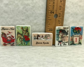 Tiny Vintage French CHRISTMAS POSTCARDS Holiday Cards Wall Art Posters - French Feve Feves Porcelain Figurines DollHouse Miniatures N35